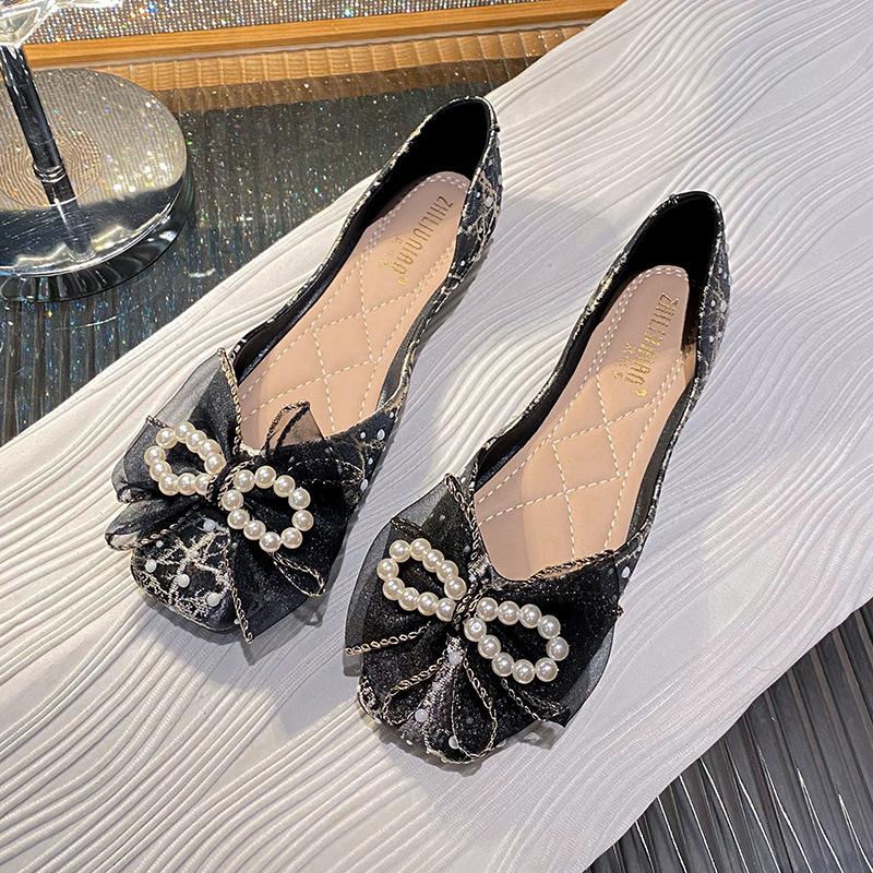 Fashion Pearl Bowtie Ballet Flats Women Sequines Cloth Slip On Loafers 34-43 Big Size Embroider Ballerina Shoes Woman Shallow Moccasins