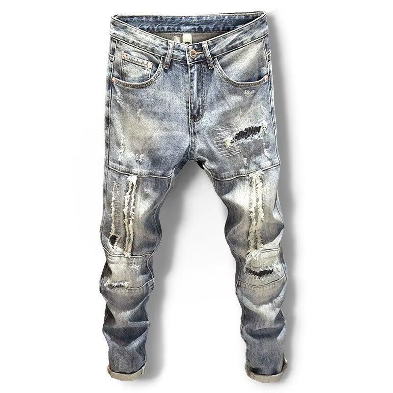 2025 Spring/Summer Men's Slim Fit Patchwork Ripped Jeans, Straight Leg, Blue with Applique and Raw Edge