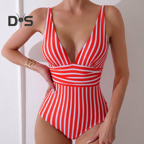 Women Monokini Deep V-Neck Sleeveless Slim Fit One-Piece Bikini Striped Print High Waist Tummy Control One-piece Swimsuit