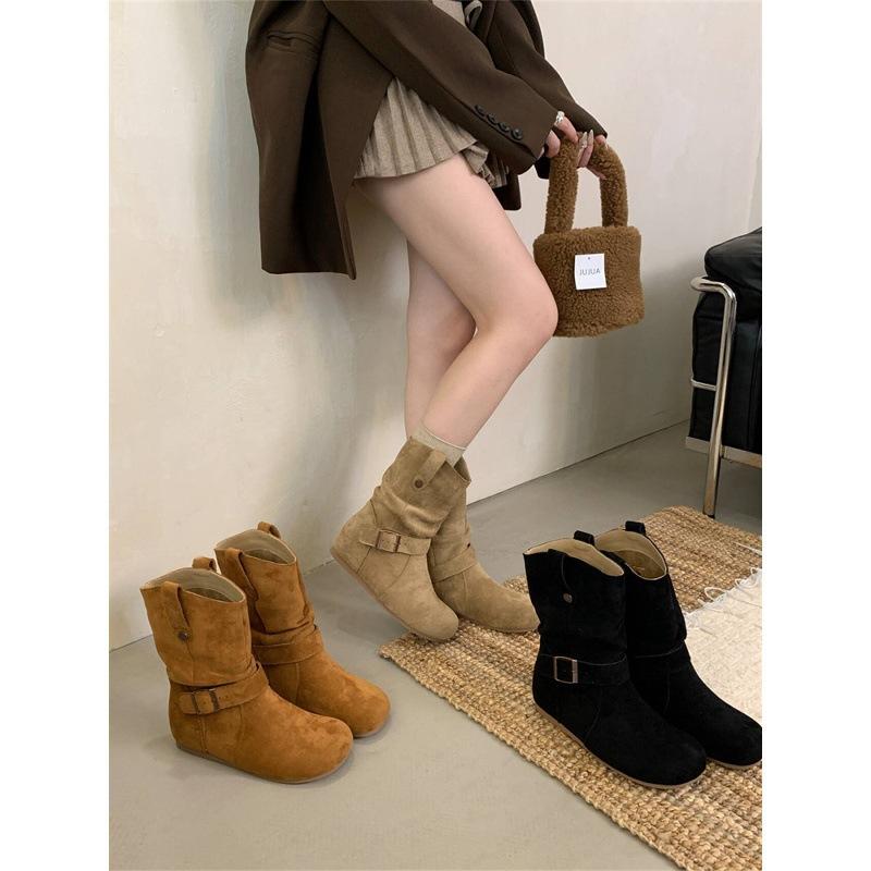 Round head Birkenstock short boots women's inner height increase western cowboy boots soft-soled knight boots