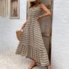 Women's Spring Summer  Lace Up Print Color High Waist Sleeveless Pleated Dress