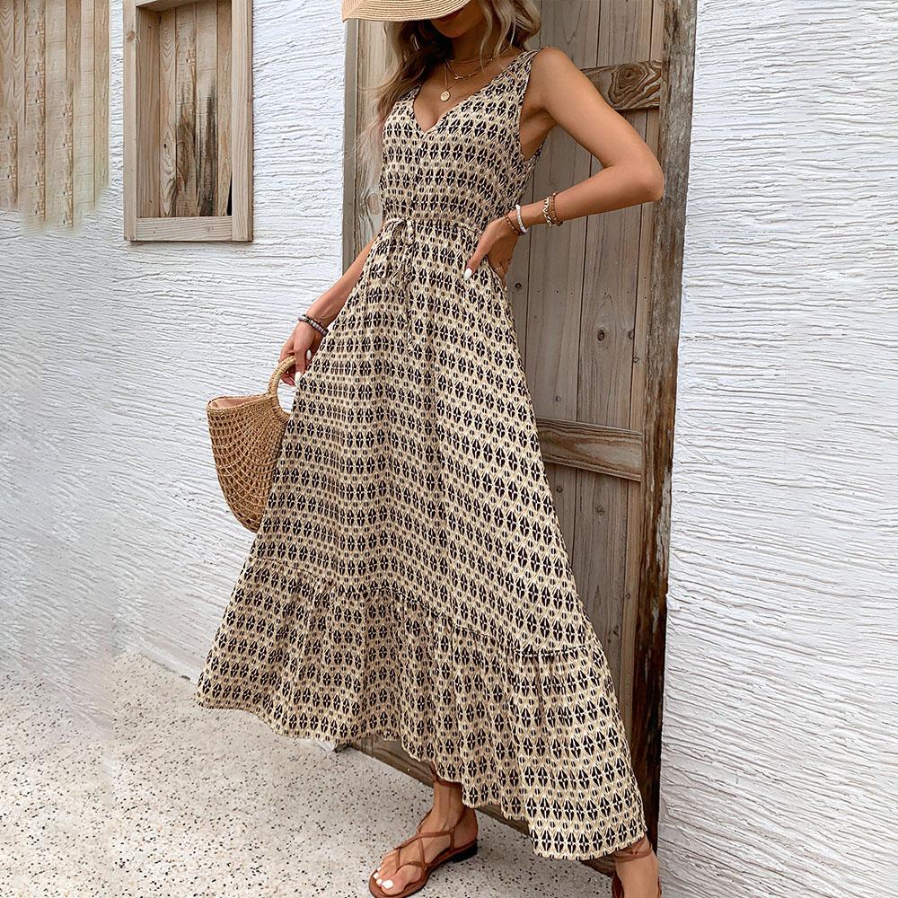 Women's Spring Summer  Lace Up Print Color High Waist Sleeveless Pleated Dress