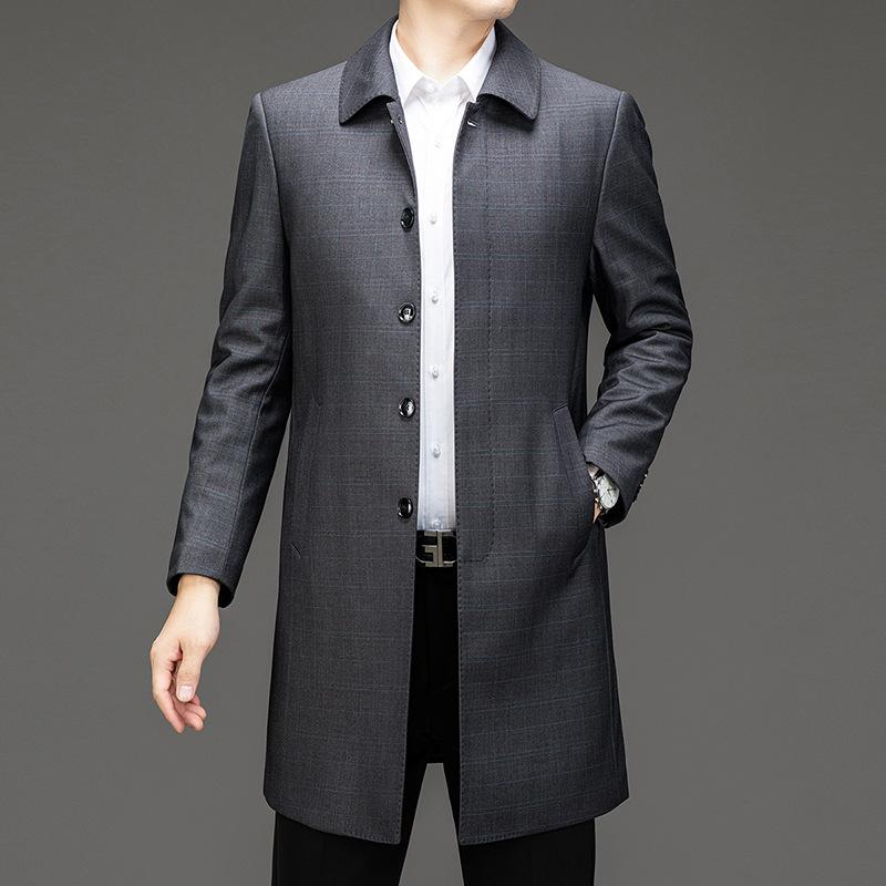 Middle-aged Buttoned Windbreaker Men's Mid-length Daddy Wool Lapel Coat Autumn and Winter New Loose Business Coat