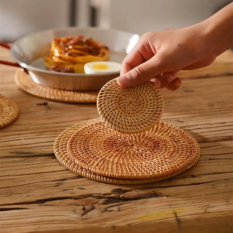 8-10cm Rattan Cup Mat 6Pcs Drink Coasters Set for Kungfu Tea Accessories Round Tableware Placemat Dish Mat Rattan Weave Cup Mat Cup Holders 5