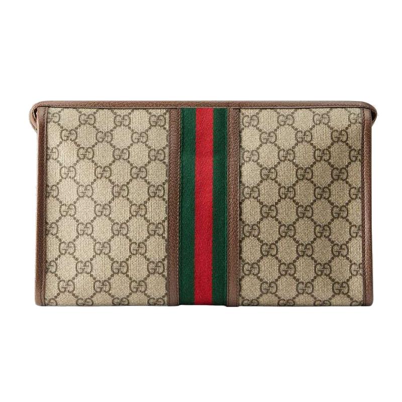 Gucci Ophidia distressed old flower logo striped webbing canvas patchwork toiletry bag clutch men's ebony/brown