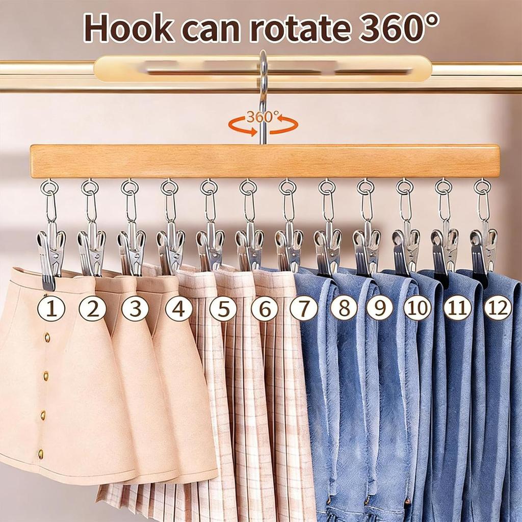 Umerașe din lemn pentru pantaloni Suport pentru pălării cu 12 cleme Umerașe cu clemă pentru pantaloni de yoga Blugi Fuste Pălării Pantaloni Eșarfă Pantaloni scurți Haine Pantaloni scurți