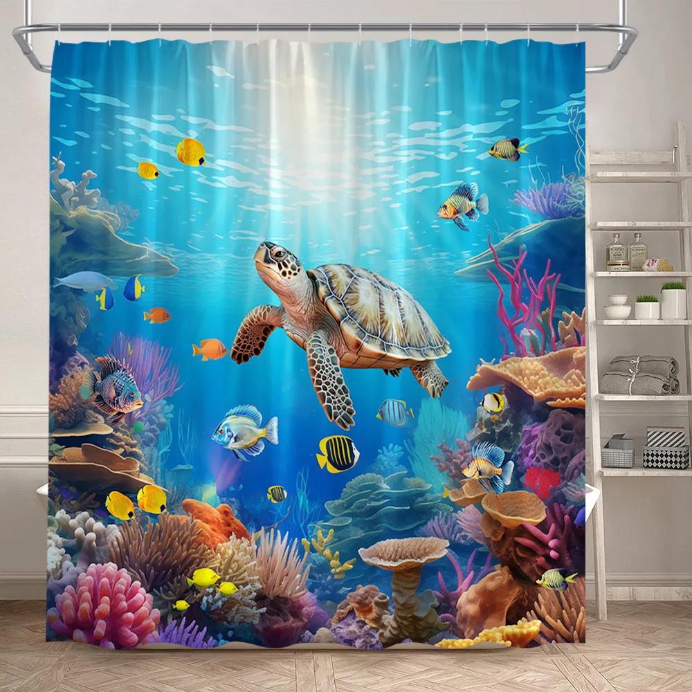 VIKAMA Underwater World Theme Shower Curtain - Waterproof and Mold-Resistant Bathroom Partition Curtain for Home Decoration