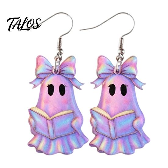 Burr-free Smooth Earrings 1 Pair Acrylic Halloween Earrings, Cute Pink Ghost Dangle Curved Hook Drop Holiday Costume Jewelry for Women Bow Detail