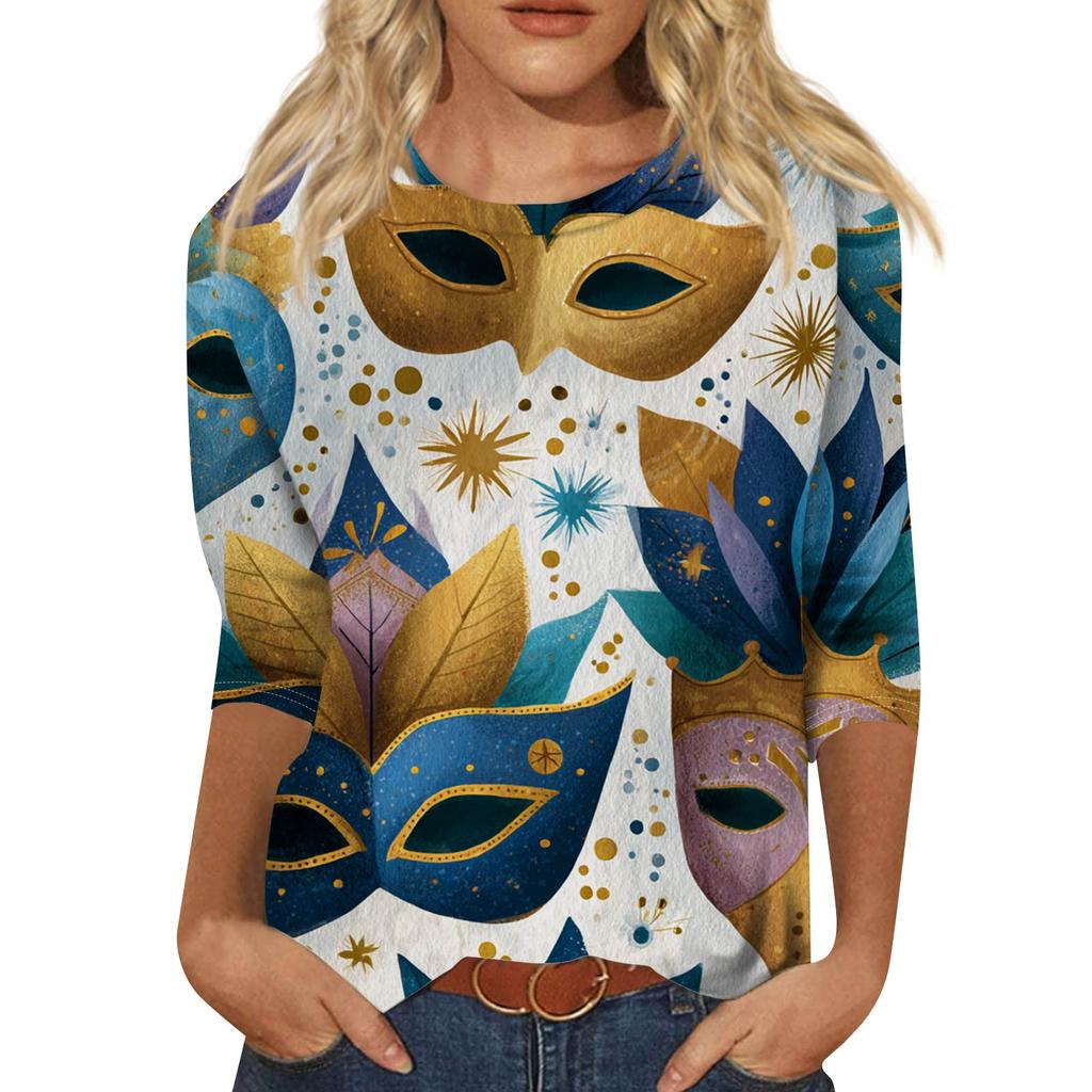 Top de Cuello con Estampado de Carnaval de Manga Tres Cuartos Casual y a la Moda para Mujer