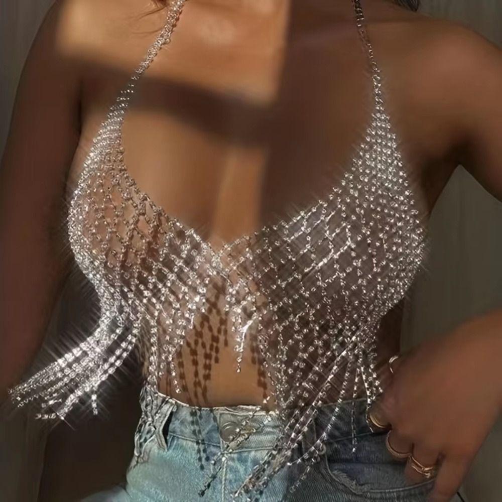 Fashion Tassel Bra Chain for Crop Top Luxury Mesh Body Chain Jewelry Crystal Lingerie  Women
