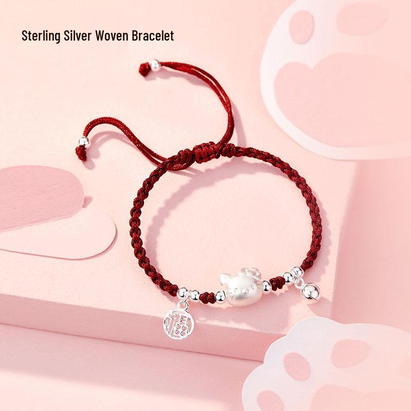 Handmade 999 Sterling Silver Cat Bracelet for Women - Red Woven Rope, Gift for Little Girls
