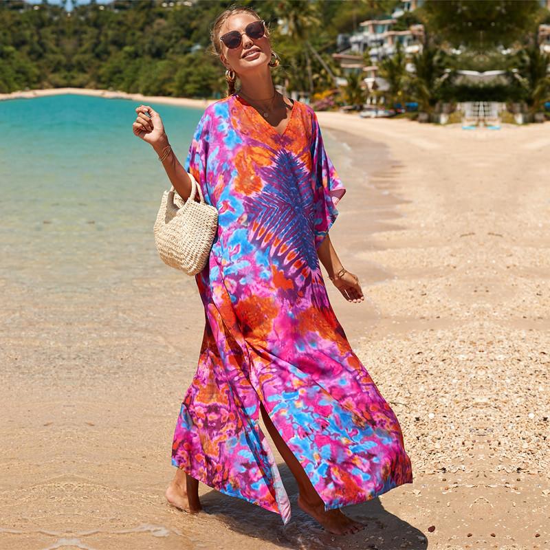 2022 Multicolored Kaftan Bohemian Printed V-neck Batwing Sleeve Street Wear Maxi Dress Women Beach Wear Swim Suit Cover Up Q1342