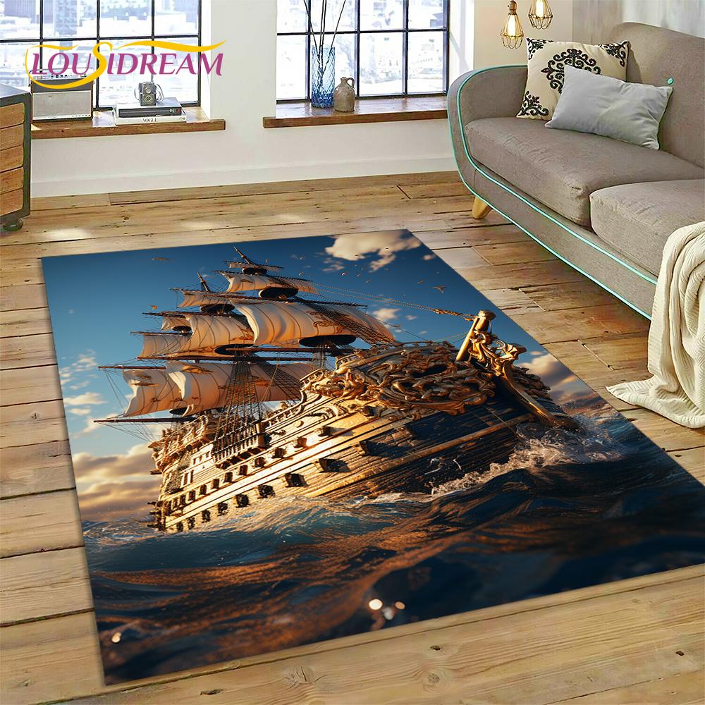 Ancient Pirate Ship Boat,Barque,Sailboa Rug Carpet for Living Room Bedroom Decor,Floor Mat Non-slip Decoration for Sofa Doormat