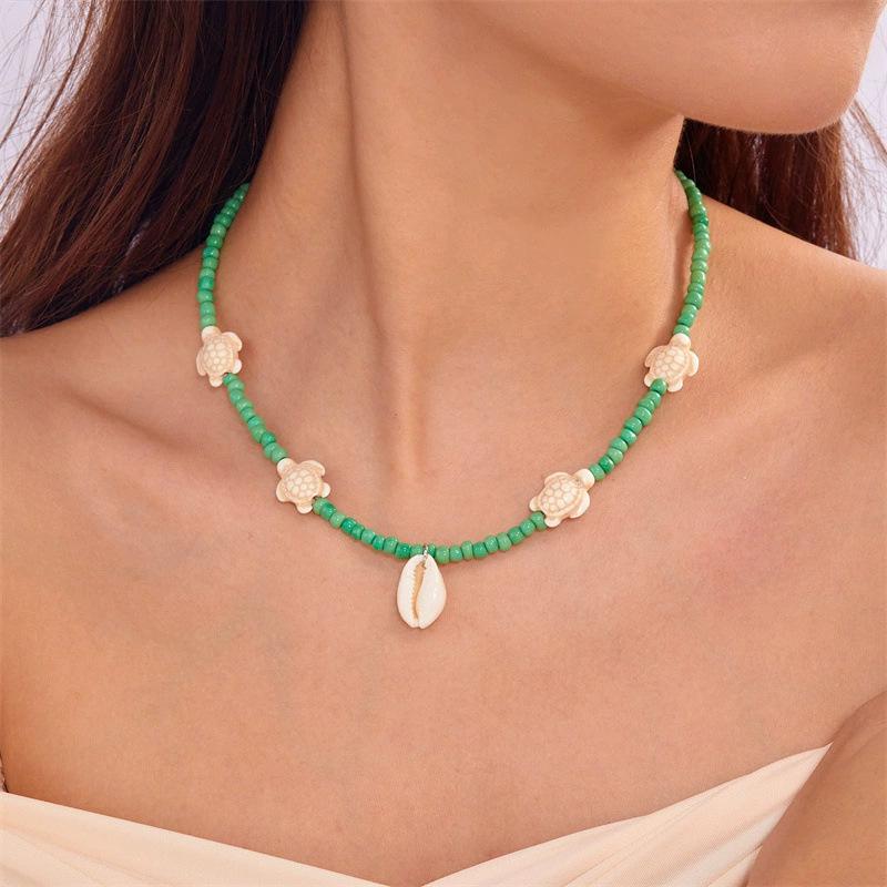 Summer Dopamine Beach Turtle Shell Rice Bead Necklace Card Neck Chain Bohemian Holiday Wind Necklace Female