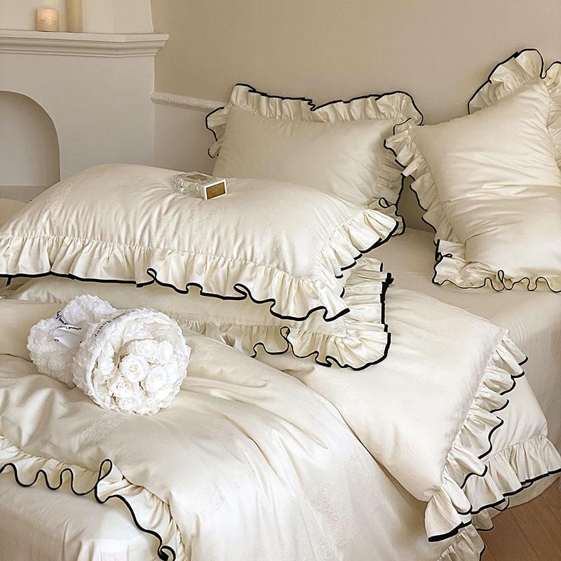 

1000TC Egyptian Cotton Princess Wedding Bedding Set Ruffles Black Edge Jacquard Duvet Cover Flat/Fitted Bed Sheet Pillowcases Fitted Bed Sheet&Queen 200X230cm 4pcs шампанського