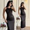 European and American women's clothing spring and summer backless neck collar sleeveless long dress waist hip wrap solid color dress