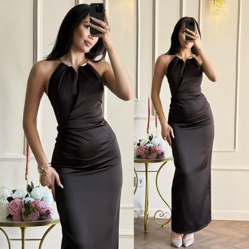 European and American women's clothing spring and summer backless neck collar sleeveless long dress waist hip wrap solid color dress