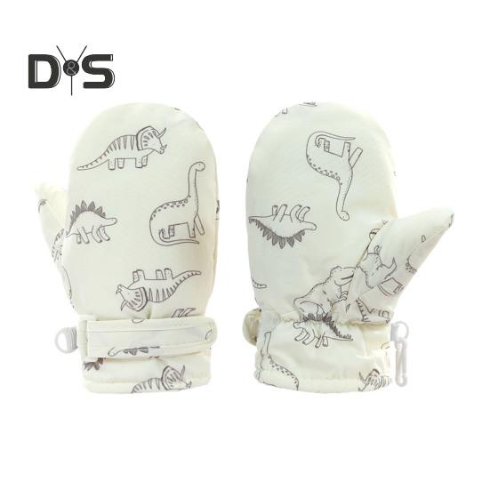 1 Pair Children Winter Mittens Thick Plush-lined Windproof Cartoon Dinosaur Cold Weather Outdoor Gloves Adjustable Fasten Strap Anti-Slip Ski Gloves