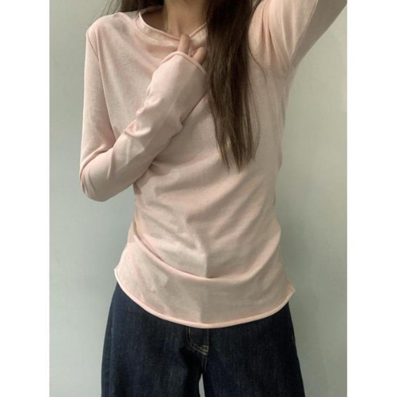 Korean Style Long-sleeved Rolled Hem Top T-shirt Lazy Style Slim Fit Versatile Sun