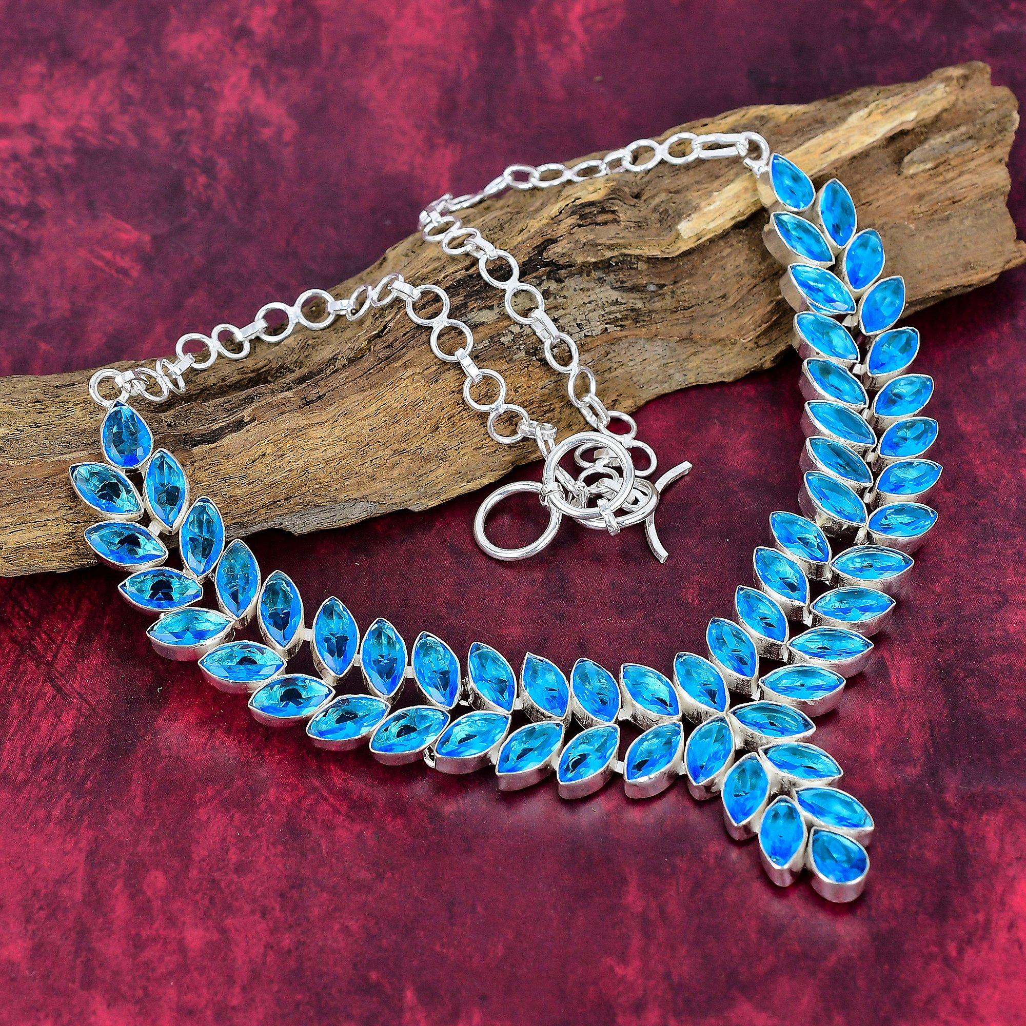 

Ожерелье из драгоценного камня голубой топаз из серебра 925 пробы, достойное украшение ручной работы, регулируемое ожерелье для помолвки в подарок Adjustable With 18 Inches синий