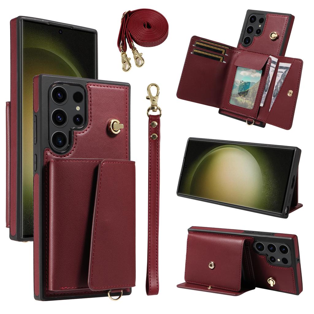 For Samsung Galaxy S23 Ultra Crossbody Phone Case Card Holder Kickstand Leather Coated TPU Mobile Cover