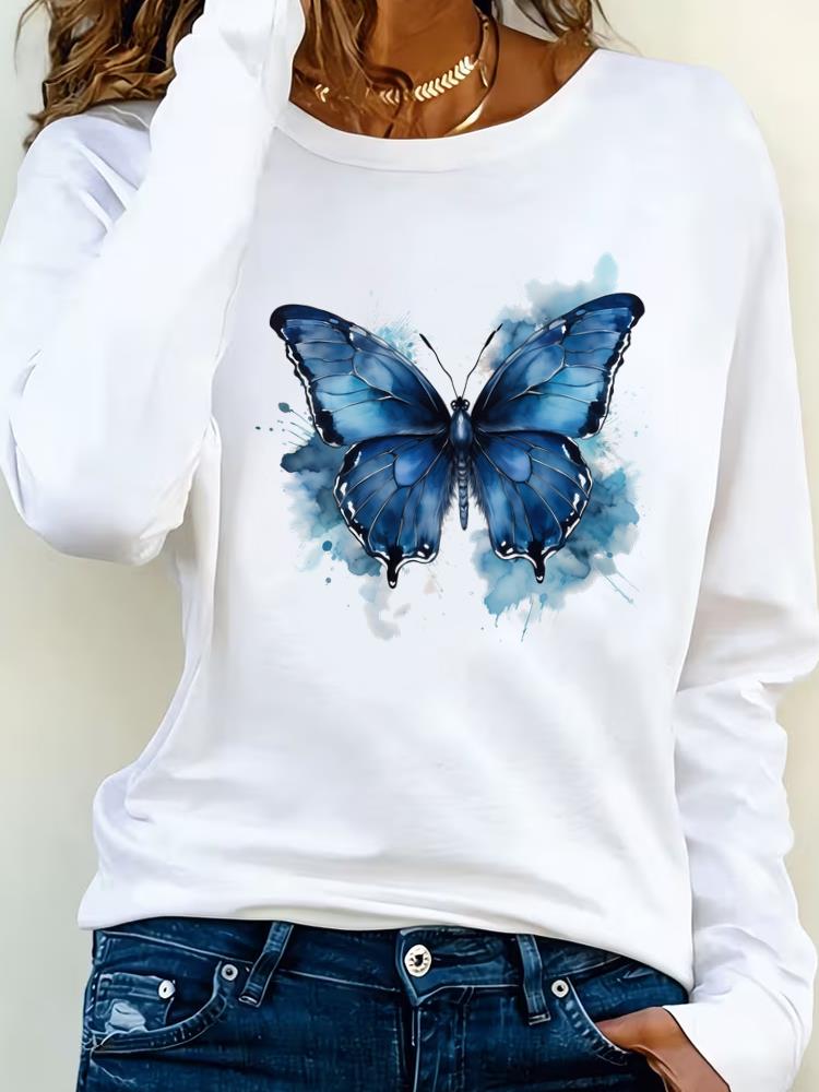 (Asian Size) flower style Clothing Casual  Tee Lady Printed o-neck Long Sleeve T Shirt Women Female Fashion Top Graphic T-shirts