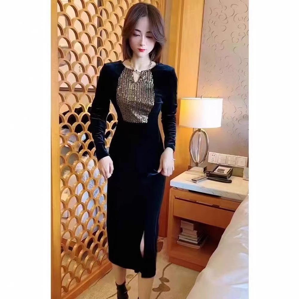 2024 Sequin Waist-Hugging Velvet Dress - Round Neck, Long Sleeve, Elegant Style for Women