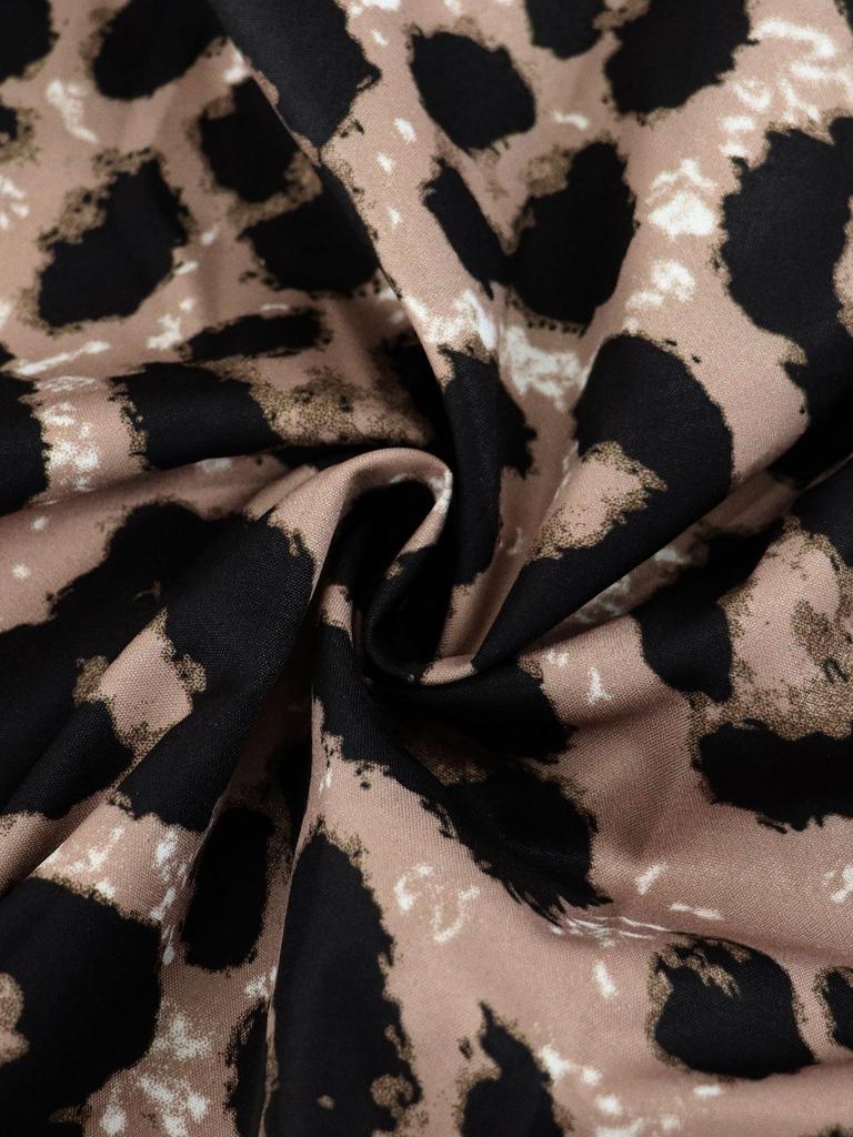 Elegant Leopard Print Women's Dress: Pleated Waist, Round Neck, Short Sleeve, Long Length