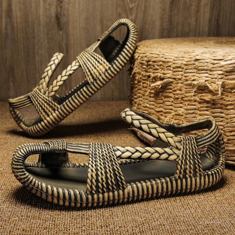 Men's Retro Lightweight Breathable Roman Sandals, Anti Slip Beach Oversized Sandals