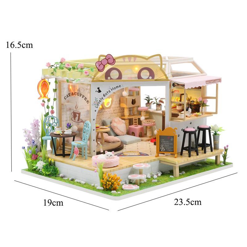 Wooden Doll House Cat Cafe Mini DIY Small House Kit Making Room Toys Home Bedroom Decoration with Furniture For Gifts Dollhouse