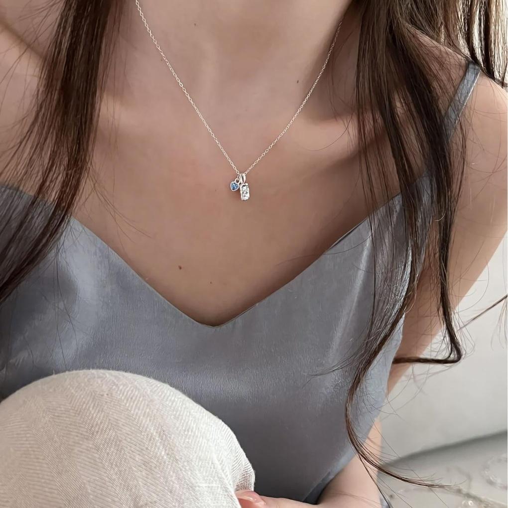 

Women s 925 Silver Blue Heart Ball Square Necklace Unbalanced Heart