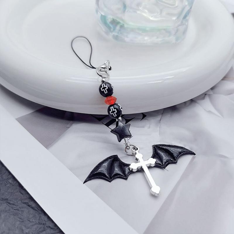 Halloween Gothic Punk Bat Phone Charm for Women Men Cross Pendant Mobile Phone Chain Y2K Bowknot Heart Lanyard Keychain