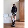Petite Women's Black Hooded Cardigan - American Lazy Style, Slim Fit, Long Sleeve, Autumn Jacket