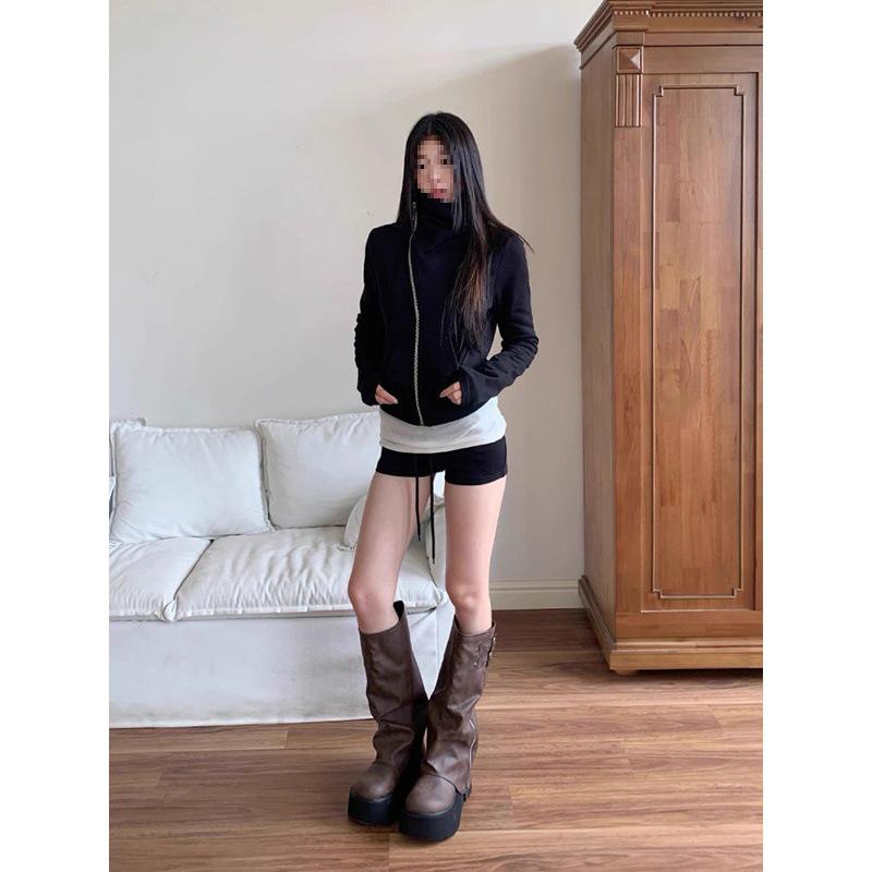 Petite Women's Black Hooded Cardigan - American Lazy Style, Slim Fit, Long Sleeve, Autumn Jacket