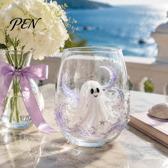 Clear Glassware for Kitchen Halloween Artisan Glassware, Stemless Drinking Glasses with Raised Pumpkin Ghost Black Cat Web School Water Drinkware