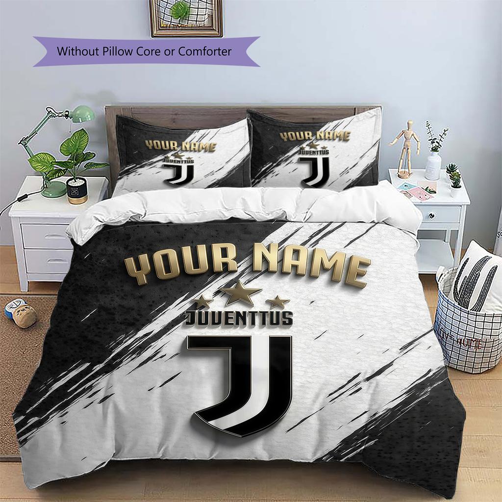 Custom Name Juventus Football Club Pattern Bedding Quilt Set Home Decoration Gift (1 * Duvet Cover + 2 * Pillowcase Without Core)