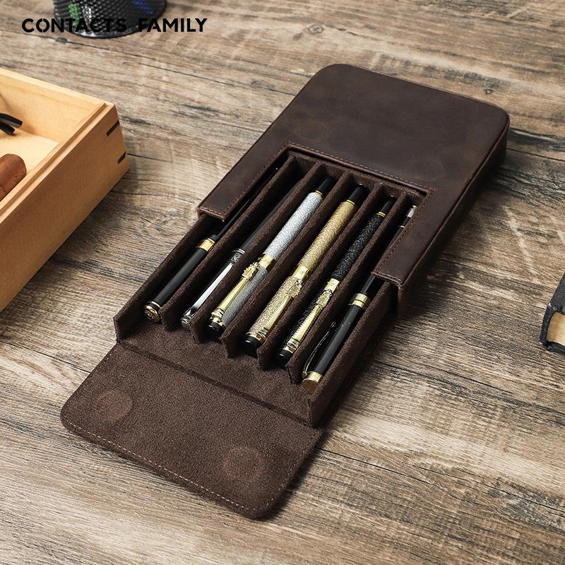 Crazy Horse Leather Handmade 6-Pen Magnetic Drawer-Style Fountain Pen Case