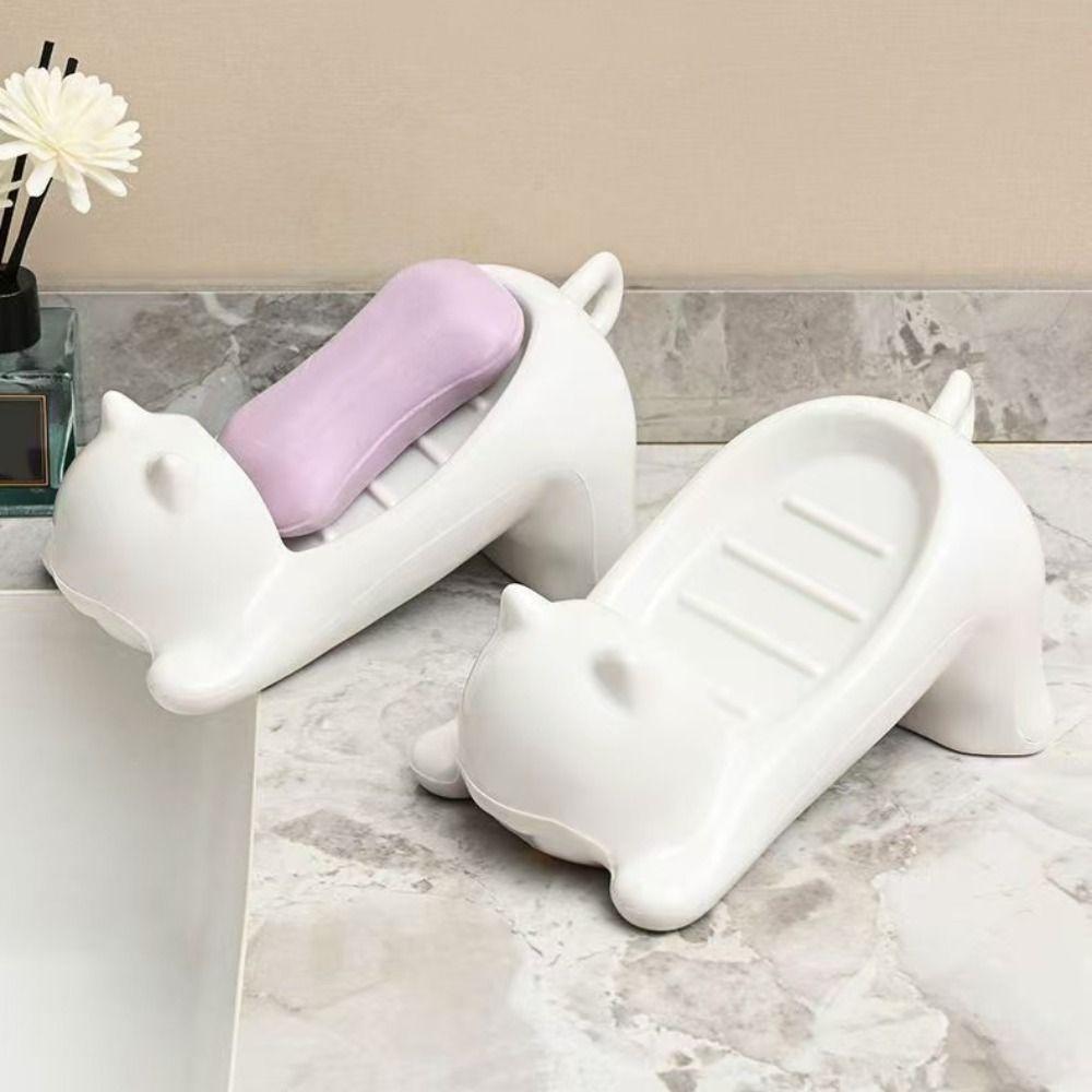 Self Draining Plastic Soap Dish Cat Shaped Bathroom Soap Holder Soap Sponge Tray  Household