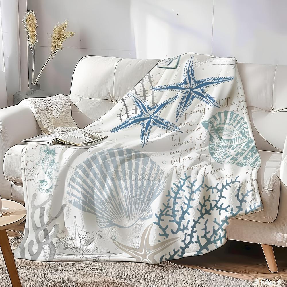Seestern und Muschel Decke Koralle Nautisch Küste Ozean Koralle Strand Blau Cyan Vintage Meereswandbild Geeignet für Sofa Schlafsofa Bequem Plüsch