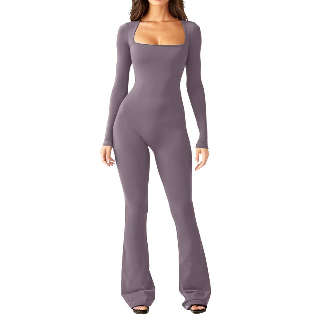 New Versatile Casual And Fashionable Women'S Solid Color Jumpsuit With Square Collar Sexy Hip Lifting And Slim Fit Sports Jumpsuit