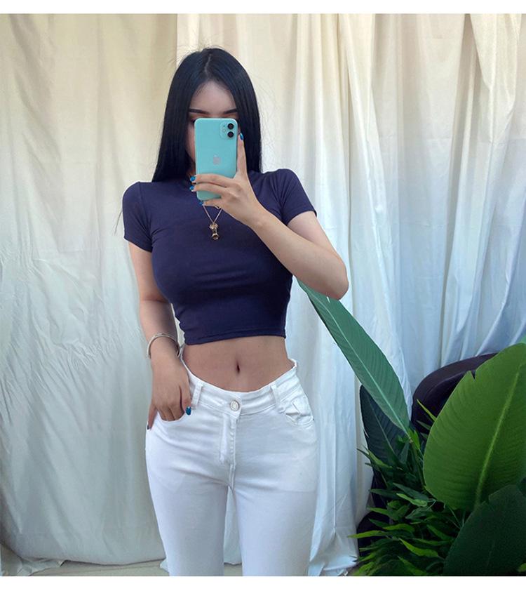 South Korea's Dongdaemun Summer Slimming Crop Top - Sexy Short Sleeve Round Neck Tee for Women