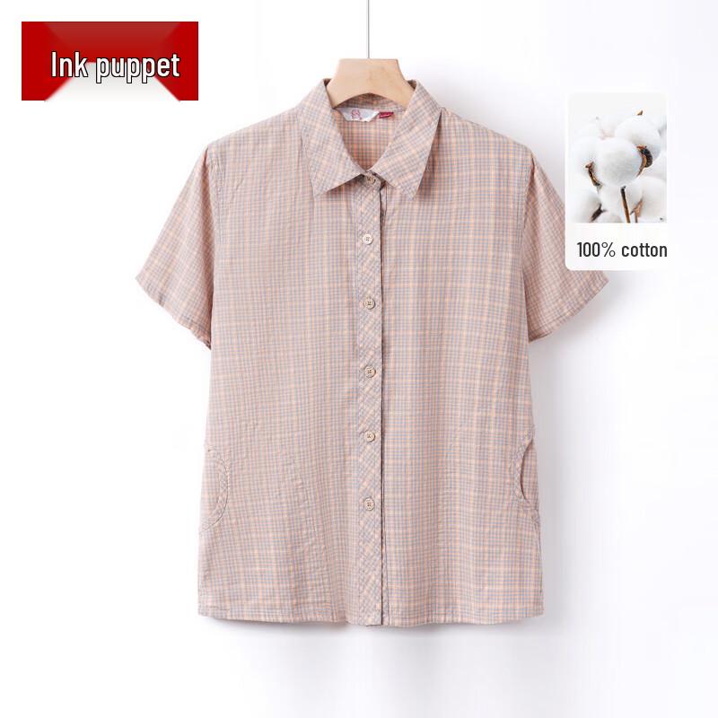 Elderly Women s Summer Plaid Cotton Short-Sleeve Shirt L