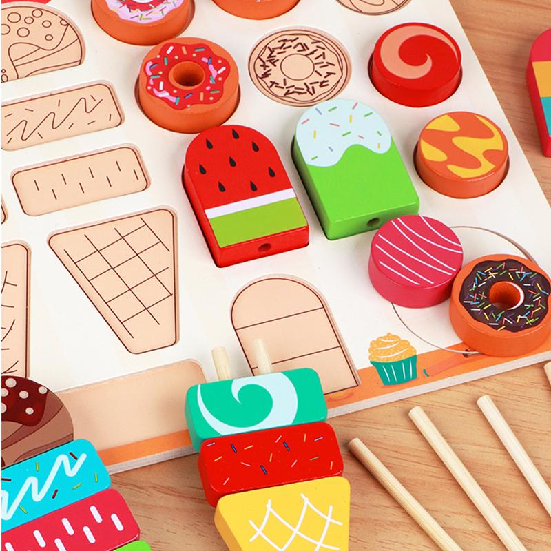 Wooden Ice Cream Set, Ice Cream Doughnut, And Cookie Combination For Role Play Kitchen Baking And Parent-Child Interaction
