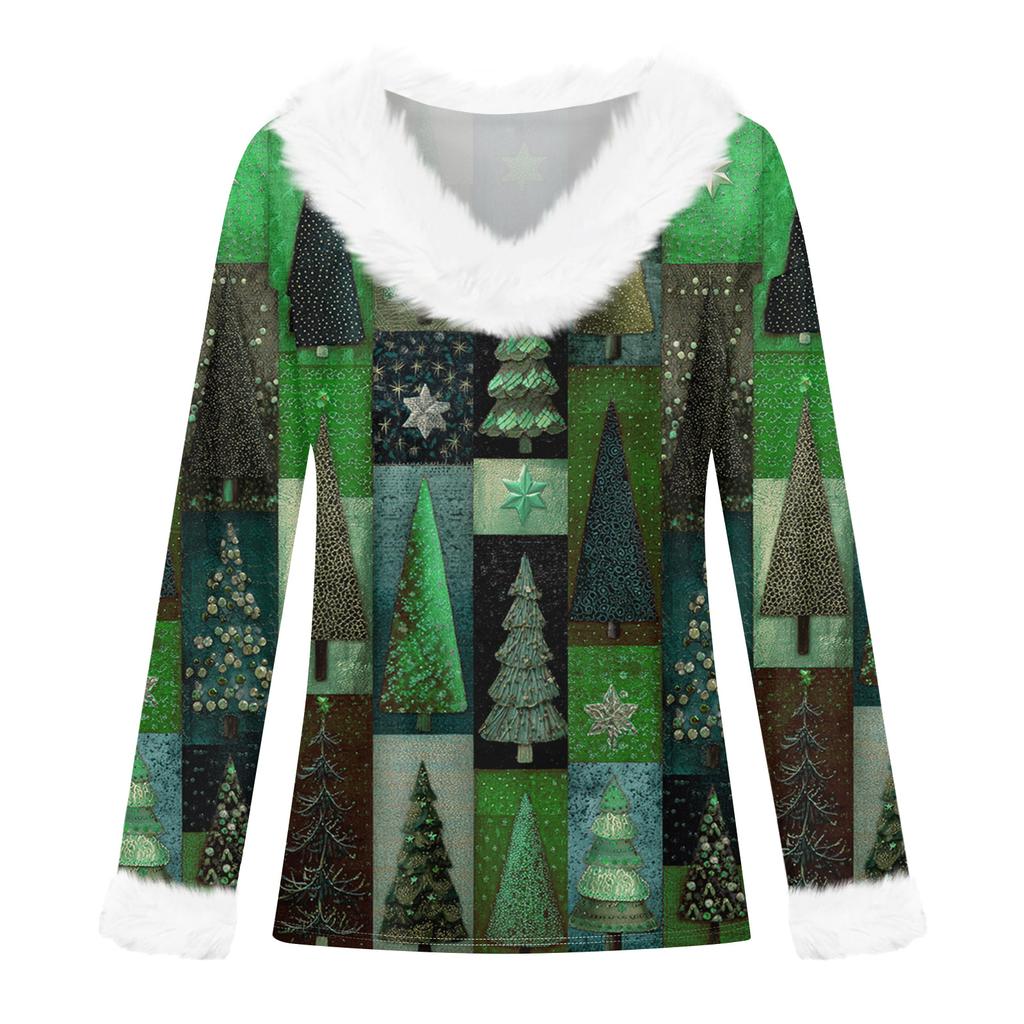 Camiseta de mujer, camiseta navideña, camiseta de manga larga, fiesta, estampado navideño, cuello polar, cuello en V