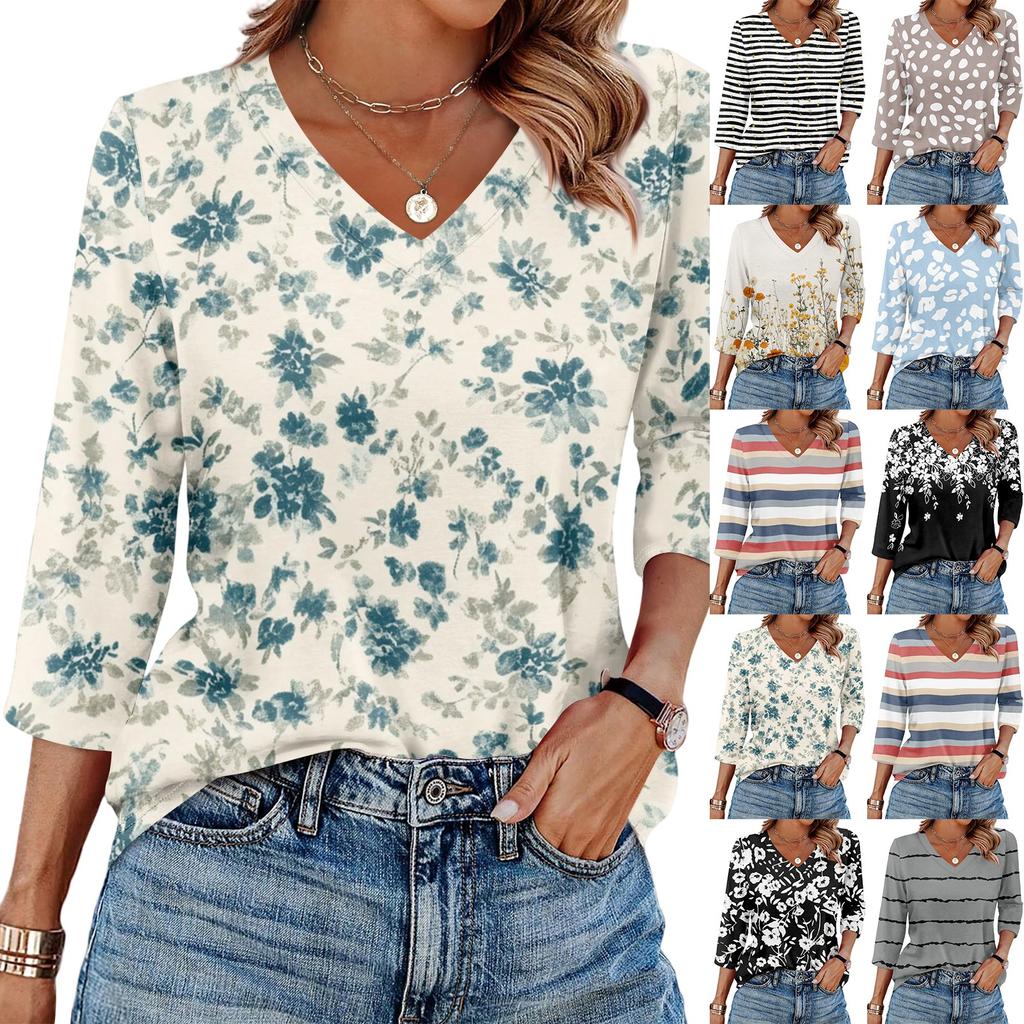 Women's V Neck 3/4 Sleeve Tops Casual T Shirts Basic Summer Tees Loose Fit Fall Pullover Tunic