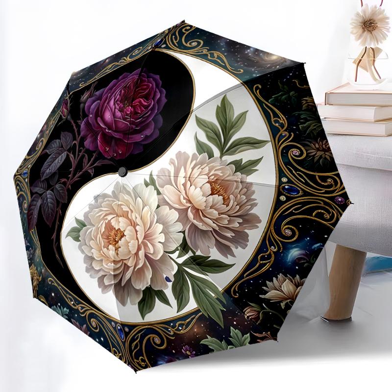 1pc Sturdy 8-Bone Auto Umbrella, Rich Red Rose Mellow Bloom Visions Umbrella, Digital Printed, Foldable Umbrella for On-the-Go Outdoor Use
