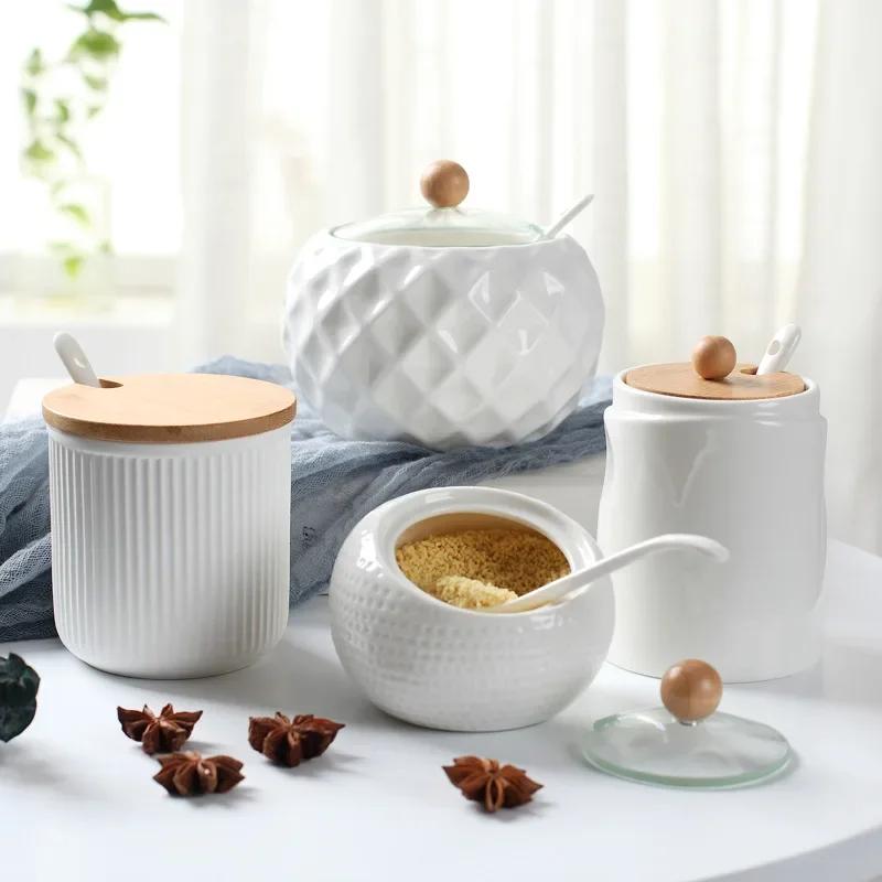 Ceramic Seasoning Jars with Wooden Lid Salt Shakers Kitchen Area Supplies White Spice Organizer Canister Spoon Set White Sugar Box for Home