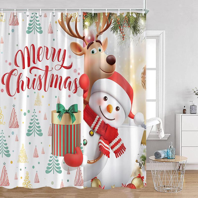 Cute Snowman Christmas Shower Curtain Winter Forest Xmas Trees Snow Lights New Year Home Bathroom Decor Bath Curtains With Hooks