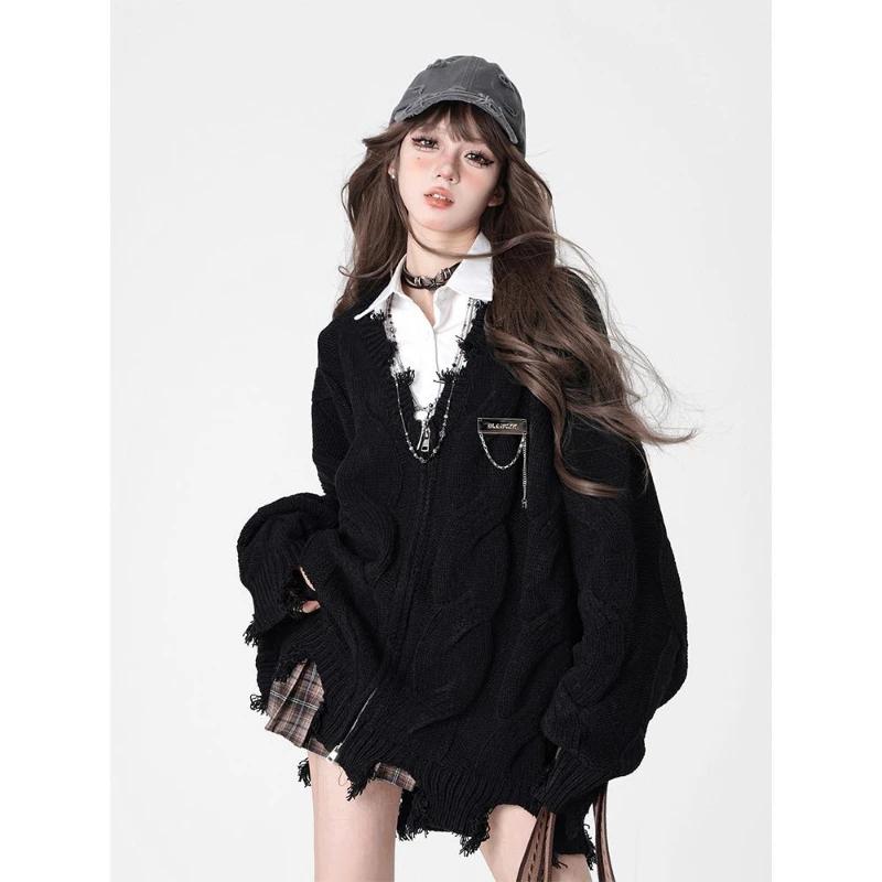 Cardigan Lavorato a Maglia da Donna Vintage Nero con Zip Scollo a V Oversize Moda Coreana Maglione Autunno
