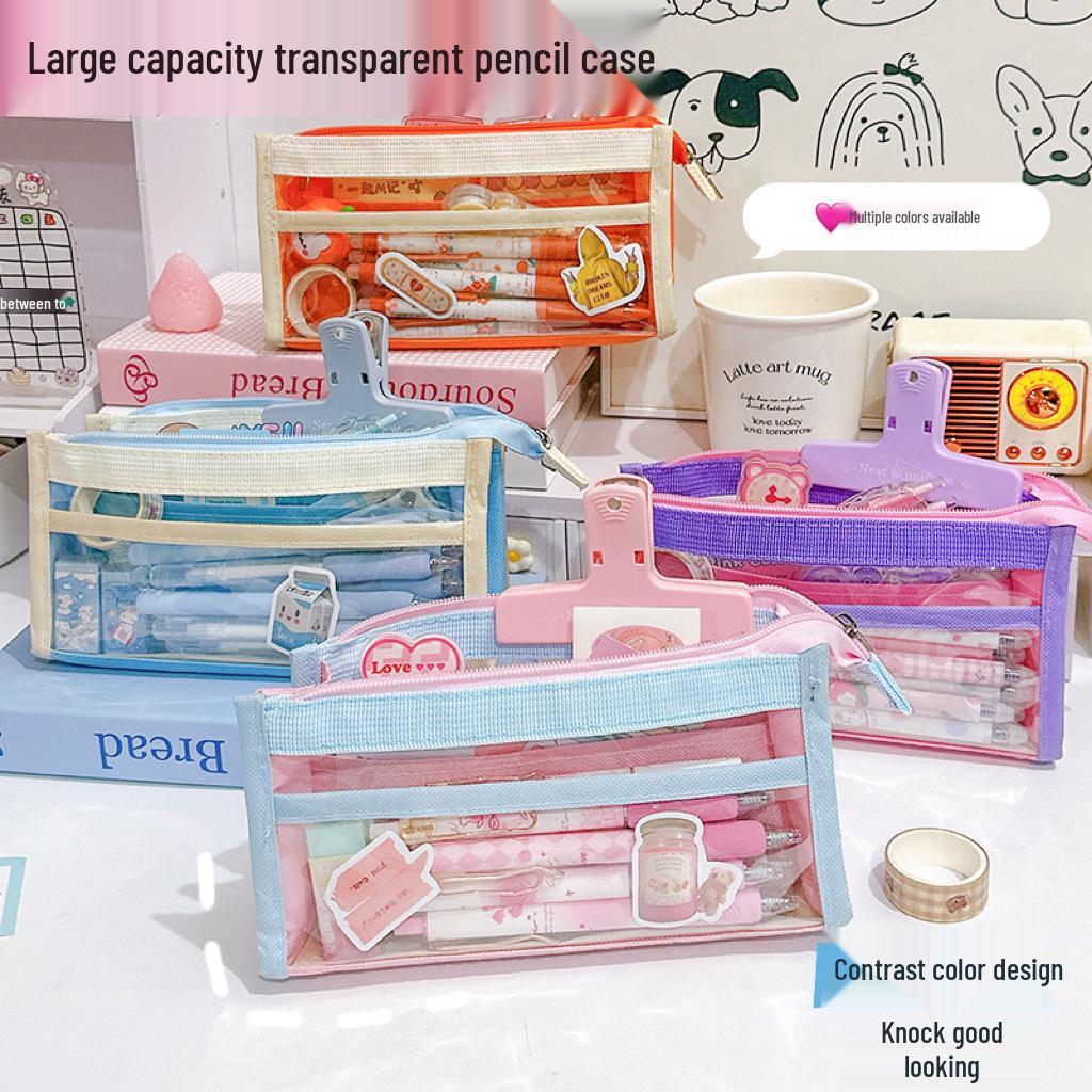 Dopamine Color Block Transparent Pencil Case: Multi-Layer Patchwork Design for Students